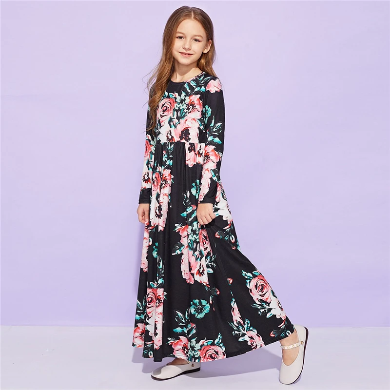 SHEIN Kiddie/милое длинное платье с цветочным принтом для девочек; детская одежда; коллекция года; весенние Повседневные детские длинные расклешенные платья с длинными рукавами
