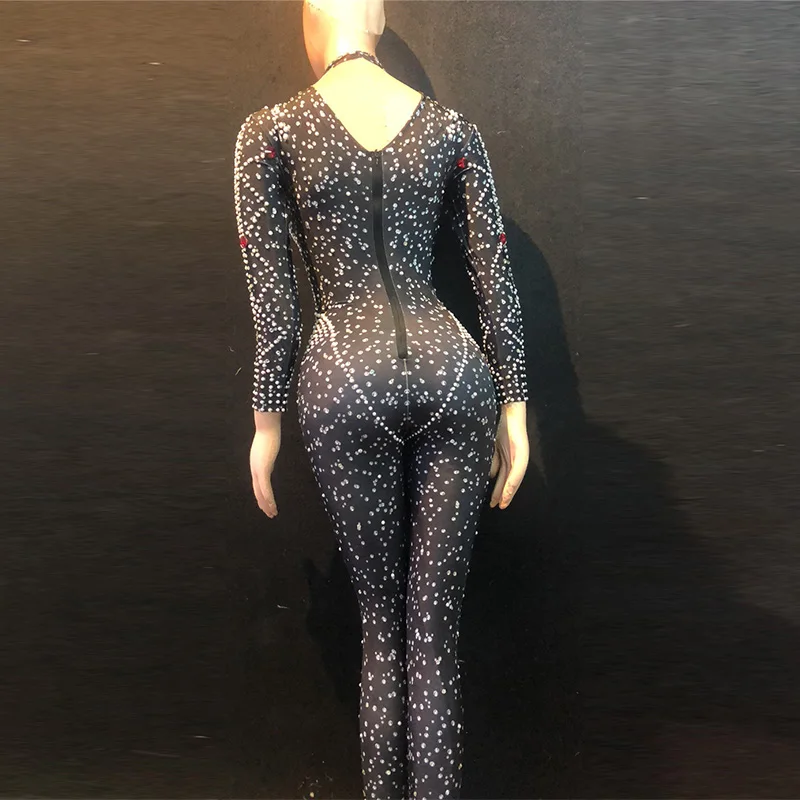 2019 Black Rhinestones Pearls Jumpsuit Women's Party Stretch Bodysuit Leggings Nightclub Female Singer Show Costume Outfit DJ417 |