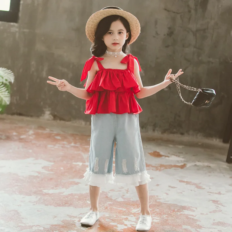 2019 новый комплект одежды для девочек однотонный жилет + джинсы из 2 предметов