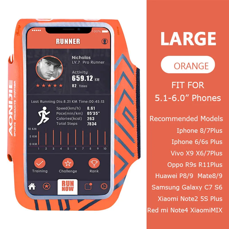 Orange Large AONIJIE A892 водостойкий Чехол для мобильного телефона для занятий спортом, бега, нарукавная сумка, чехол для бега, держатель для фитнеса, тренажерного зала, тренировки - Цвет: Orange Large