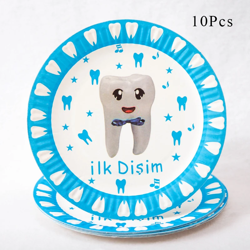 Blue paper plate x10 Вечерние украшения для девочек и мальчиков с изображением моего первого зуба, бумажный стаканчик, тарелка розового и синего цвета для вечеринки в честь Дня рождения детей, AH44 - Цвет: Blue paper plate x10
