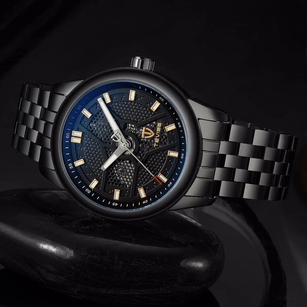 Tevise мужские черные Автоматические механические часы из нержавеющей стали