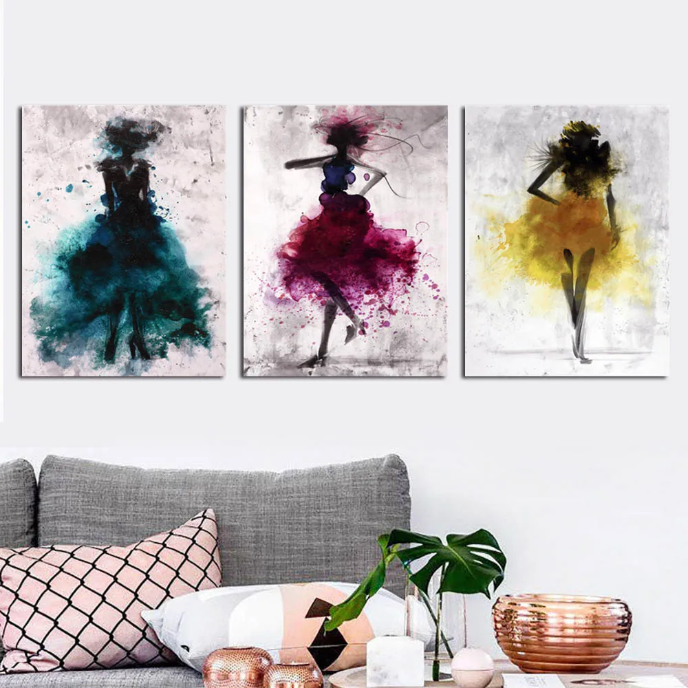 Abstract Figure Paintings 3 Pcs/Set Watercolor Fashion Sexy Ladies with Dress Canvas Printings Wall Artwork Decor Picture Poster | Дом и сад