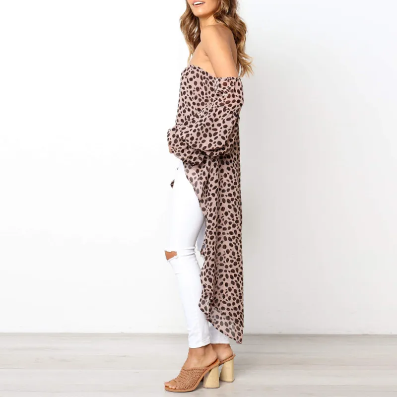 Сексуальная Женская длинная шифоновая рубашка с леопардовым принтом вырезом