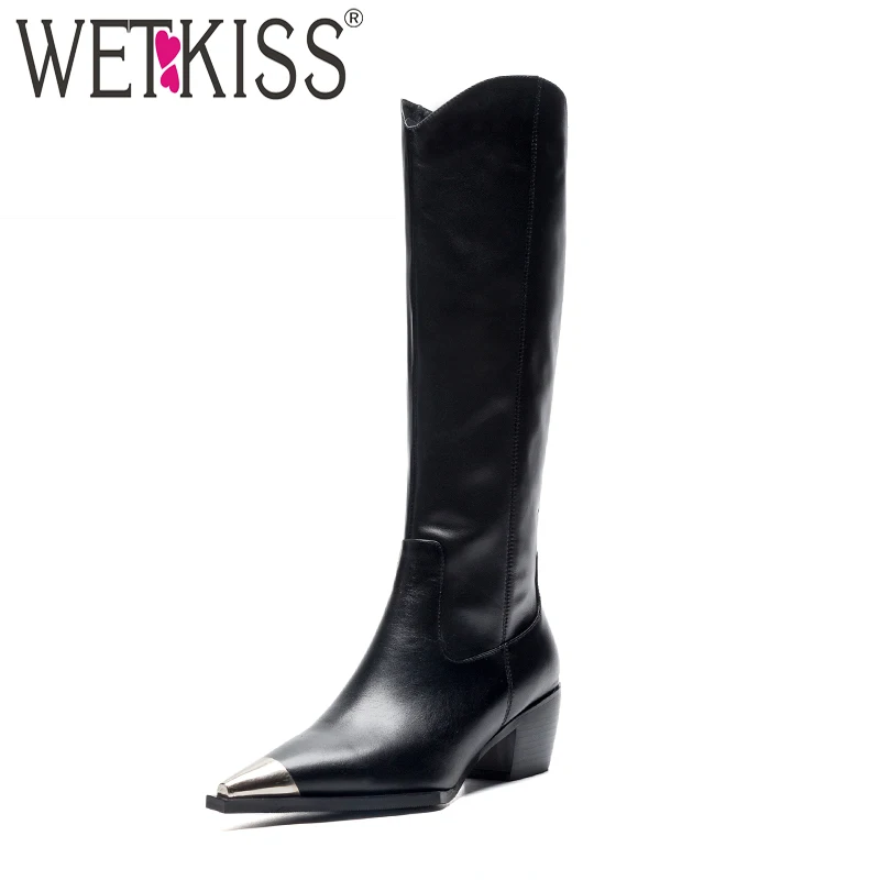 Женские сапоги до колена WETKISS из коровьей кожи с острым носком на резиновой