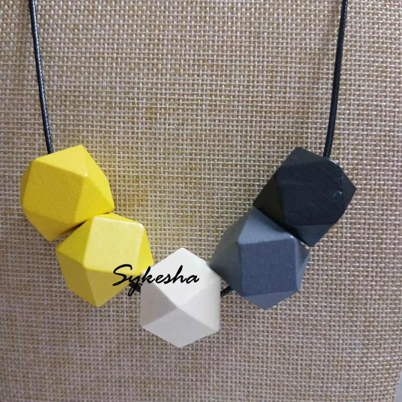  Handmade Adjustable GEOMETRIC Necklace Chunky Yellow White Wooden Beads Women Girl Party Gift Bohemia Jewelry | Украшения и