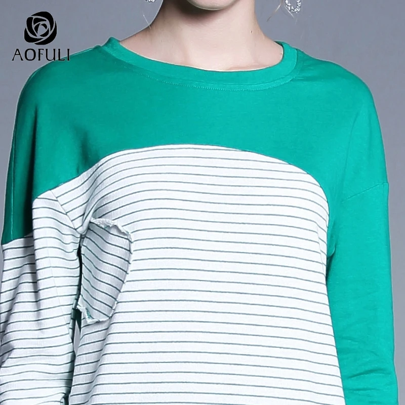 AOFULI L ~ 4XL woemn Повседневная хлопковая футболка осень 2019 полосатые Лоскутные