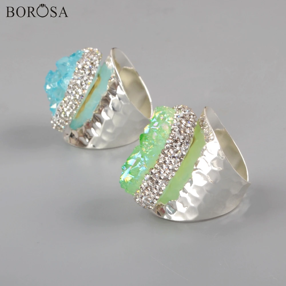 BOROSA 5 шт Новый серебряный цвет стразы проложенные Агаты Druzy Band кольцо Радуга AB