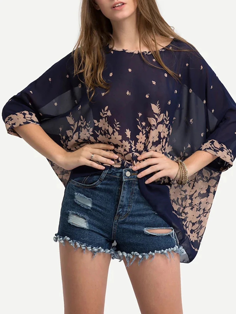 Boho летняя блузка с рукавом летучая мышь Женская Повседневная Свободная рубашка