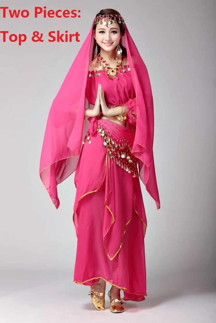 hotpink2pcs Болливуд танцевальный костюм s женский набор костюма для танца живота размера плюс хип шарф Блестки Пояс бюстгальтер Топ Профессиональный платья Танец живота - Цвет: hotpink2pcs