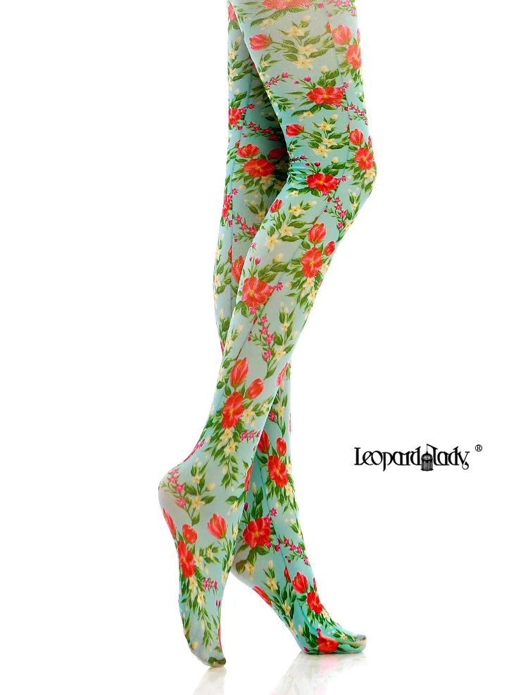 Sky Blue Pastoral Flower Printed Tights Womens Patterned Pantyhose New Design Stockings