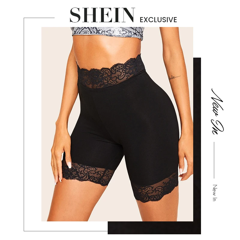 SHEIN, короткие однотонные байкерские леггинсы с кружевной отделкой, женские,, байкерские короткие, летние, эластичные, для фитнеса, средней талии, обтягивающие, базовые леггинсы