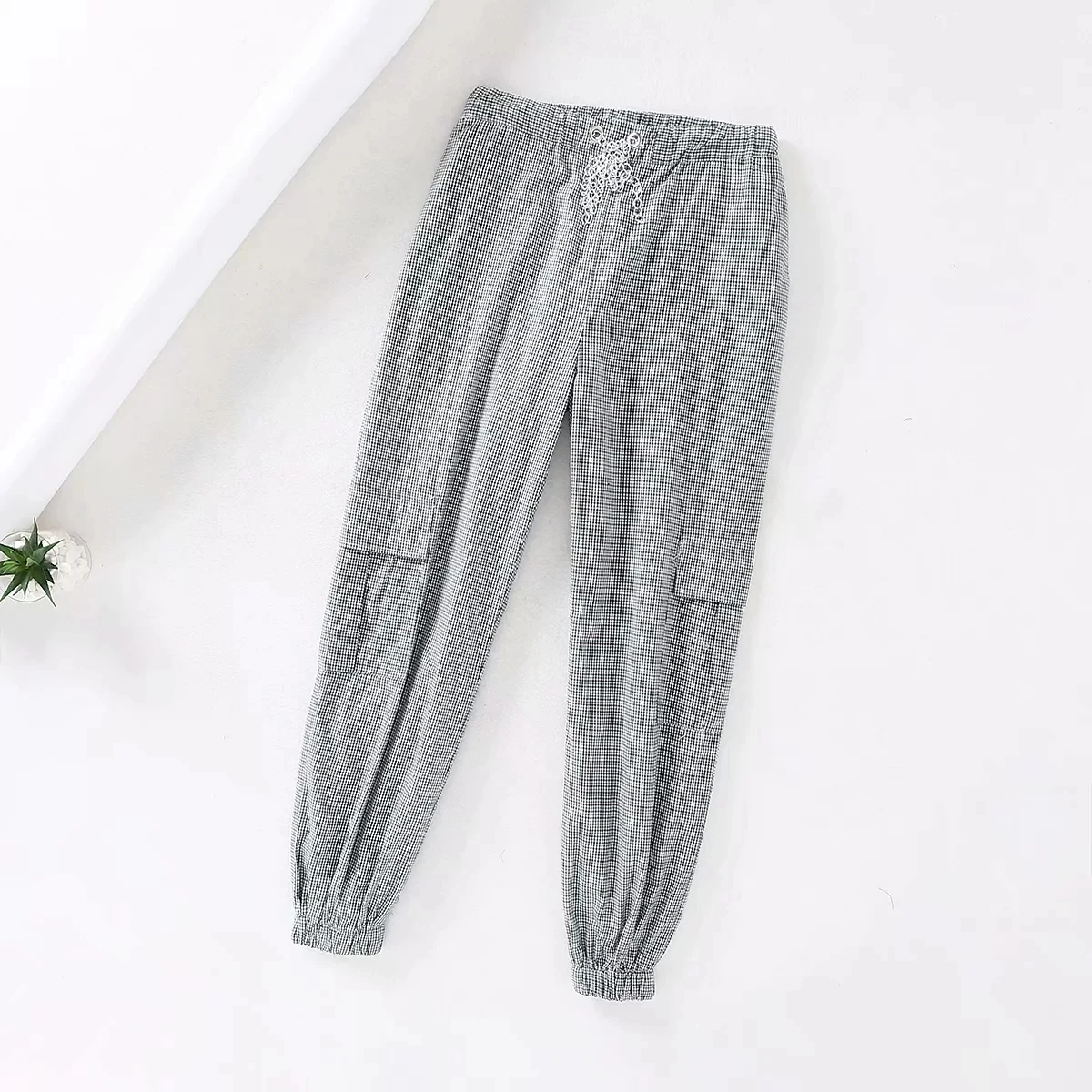 Green plaid Летние брюки-карго с высокой талией, Женские клетчатые Капри с цепочкой, штаны для бега, женские брюки размера плюс, спортивные штаны, уличная одежда в Корейском стиле - Цвет: Green plaid