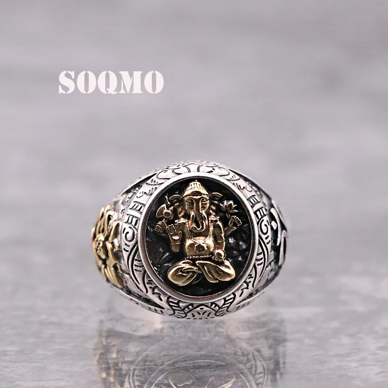 SOQMO Новое поступление широкое кольцо 100% Серебро 925 пробы Лотос ретро большой слон