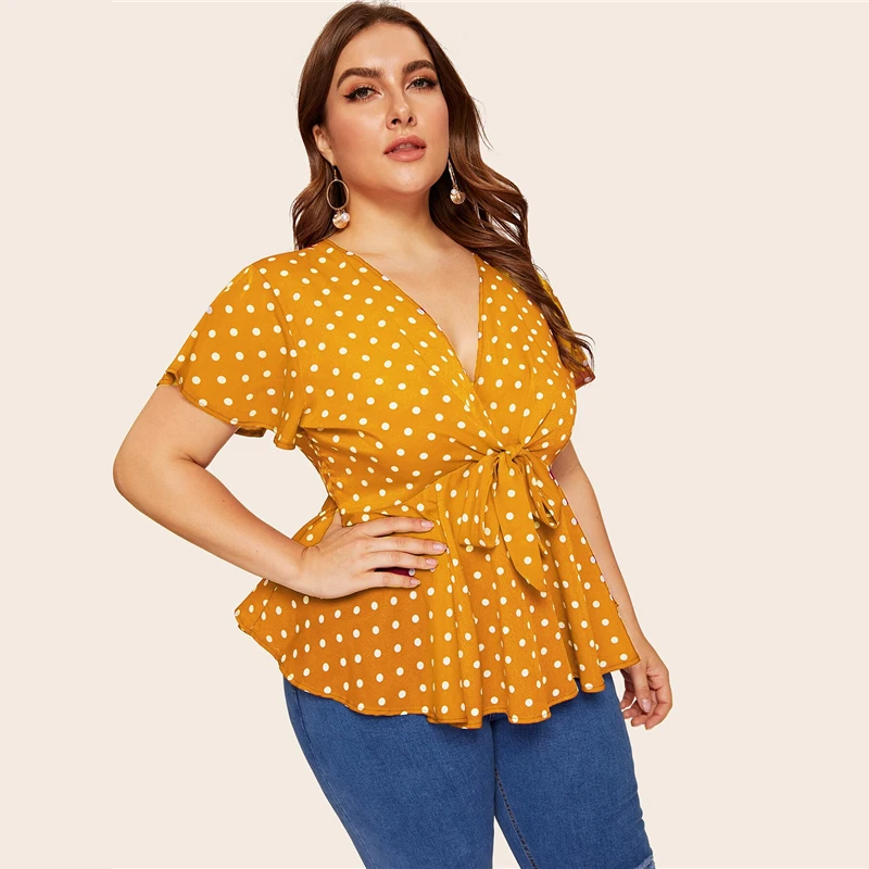 Dotfashion/женская блузка в горошек с узлом спереди; сезон лето ; Boho; глубокий v-образный вырез; одежда с короткими рукавами; женские модные топы