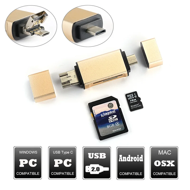 3 в 1 MicroSD SD TF USB2.0 MicroUSB type-C OTG Универсальный считыватель карт памяти дизайн для Ipad Android телефон ПК Macbook