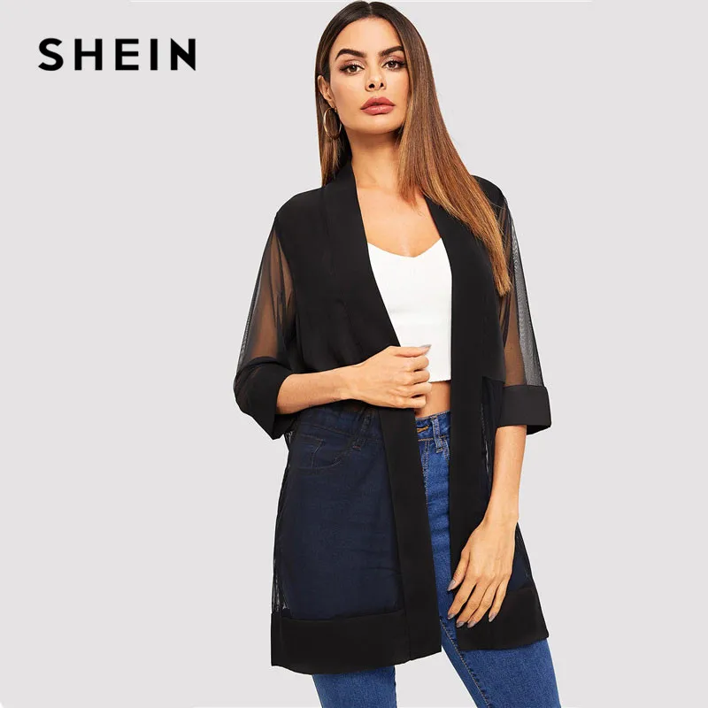 SHEIN Однотонная Накидка Летнее Пальто Кимоно С Прозрачными Вставками Длинное Кимоно С Длинным Рукавом