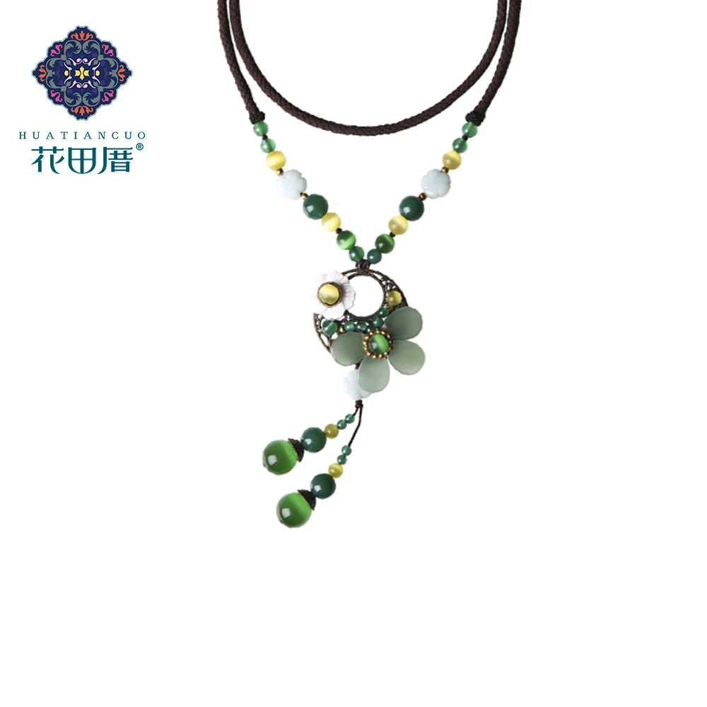 

Ethnic Tassel Handmade Rope Chain Pendant Necklace Shell Petal Imitation Opal Beads Green Stone Female Accessories CL-17041