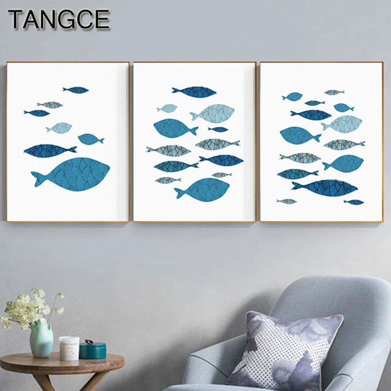 

Nordic Blue Fish Group Poster and Print Sea Scenery Canvas Painting for Living Room Dining Room Aisle Unique Wall Art Home Decor