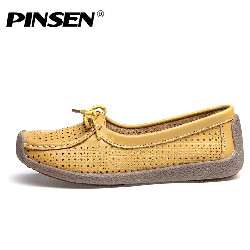 PINSEN 2020 Summer Women Flat Shoes Woman Genuine Leather Ladies Cutout Loafers Lace Up Ballet Flats Oxford Boat | Обувь