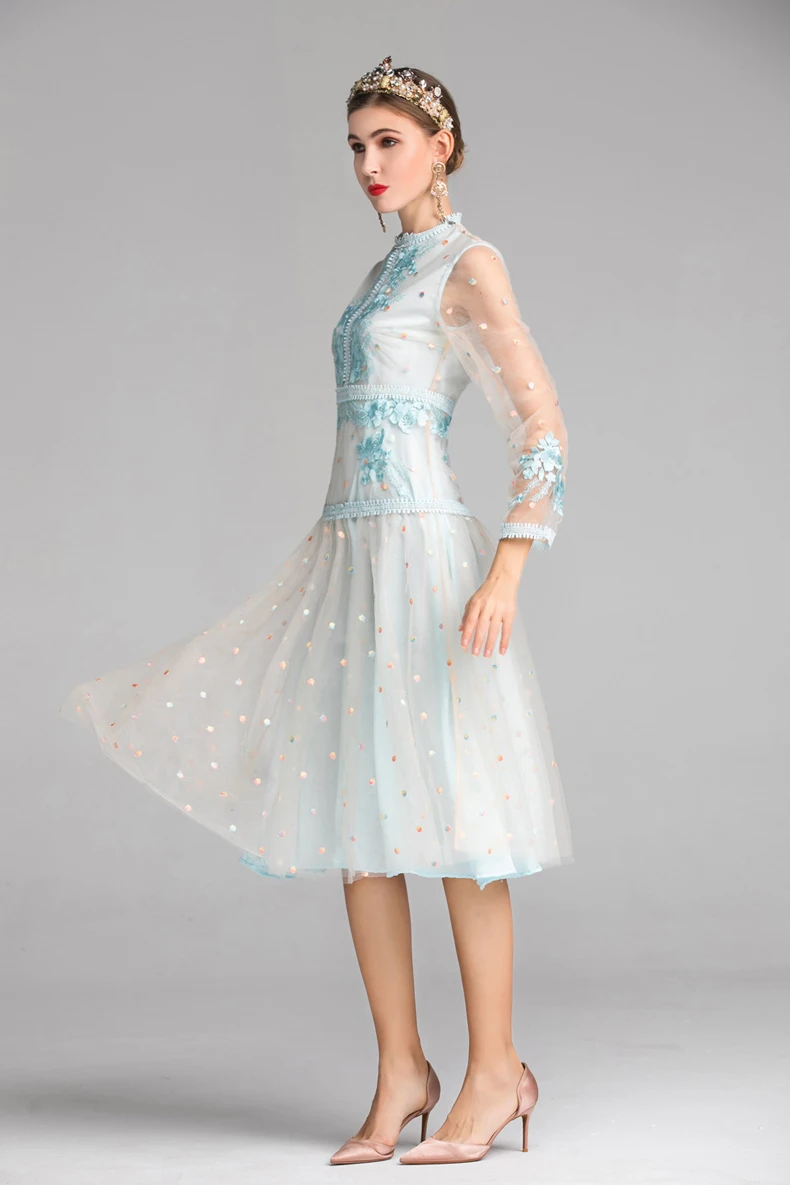 Женское подиумное дизайнерское платье с круглым вырезом и длинными рукавами