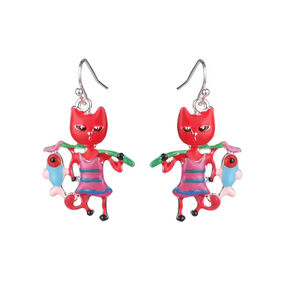 color4 Женские серьги,, корейская мода, эмаль, сплав, мультфильм, кошка, рыбалка, висячие серьги, цветные, животные, ювелирные изделия, аксессуары - Окраска металла: color4