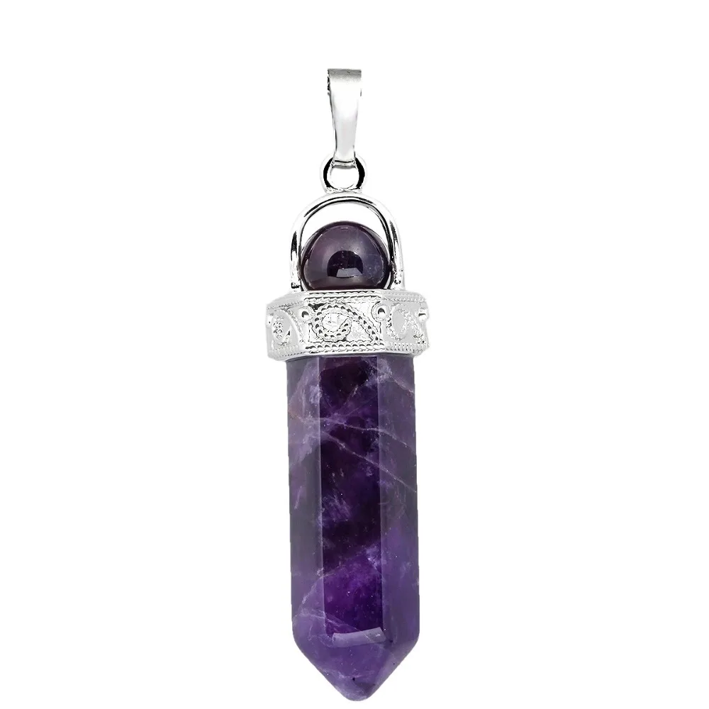 

SUNYIK Purple Crystal Hexagonal Pointed Stone Pendant Reiki Energy Healing Crystal Jewelry
