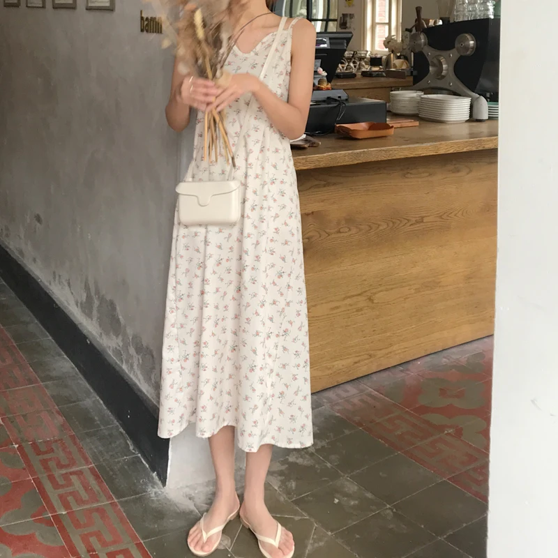 Summer long Dress 2019 korean style small floral print Women sleeveless vintage tank (C6334) | Женская одежда