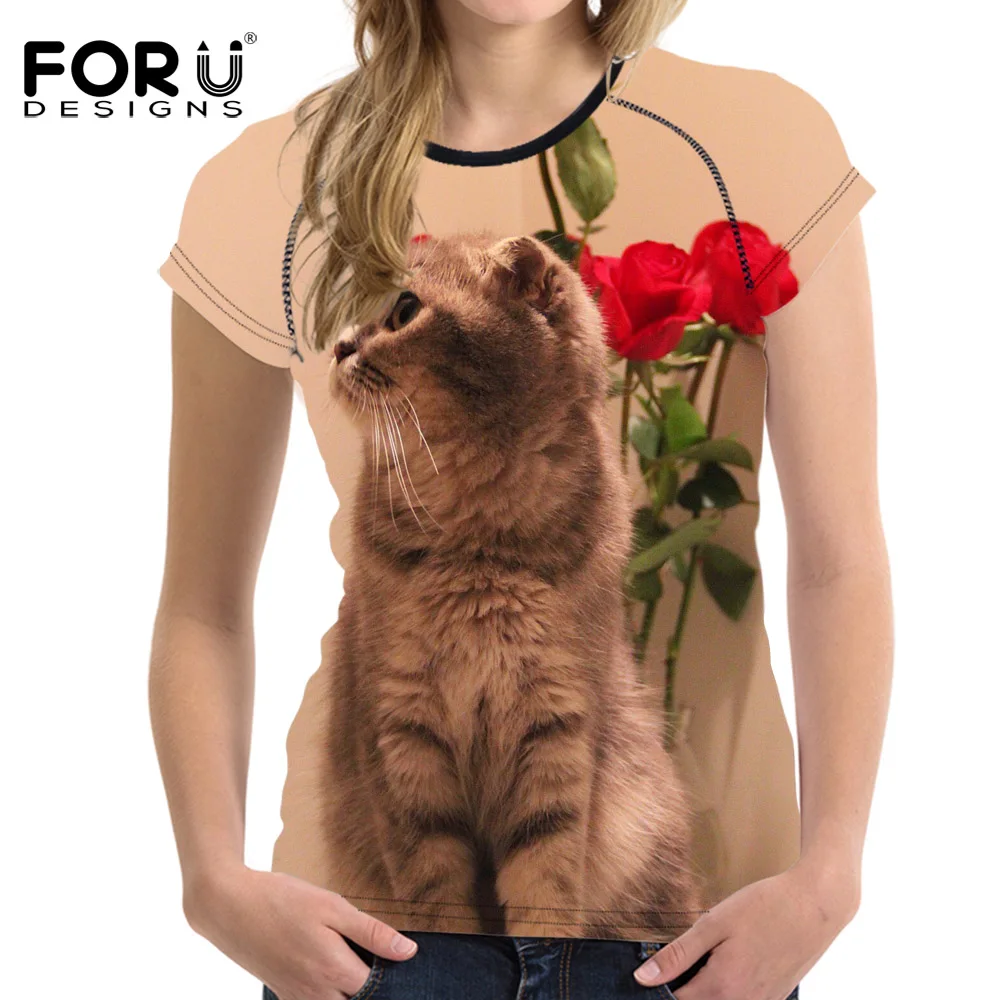 FORUDESIGNS/крутая 3D футболка с шотландским принтом кота женская модная укороченный
