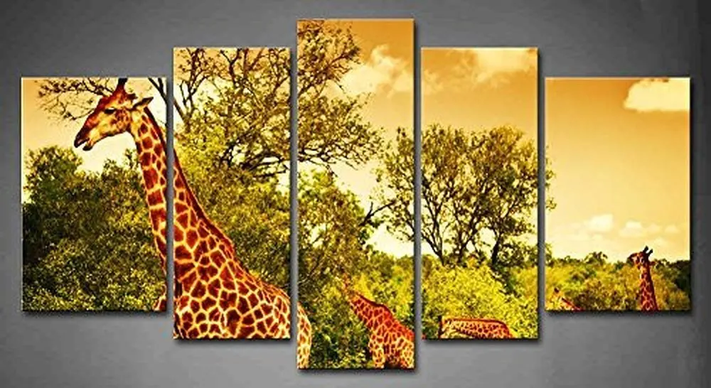 5 панелей жирафы терка листья трава маленькая дорога живопись печать на холсте