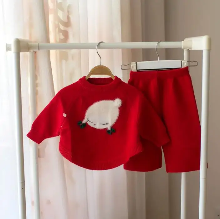 red color Маленький комплект одежды для маленьких девочек; детский шерстяной свитер; комплект из 2 предметов; осенне-зимняя верхняя одежда; костюм для девочек; Рождественский Костюм - Цвет: red color