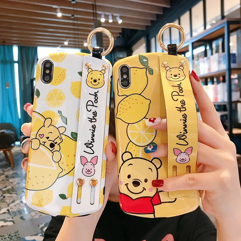 For iphone XR XS max X Cute lemon winnie Wrist strap soft Phone Case iPhone 8plus 7 7plus 6 6S 6p Shell stand holder case |