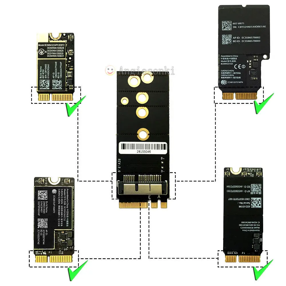 BCM94360CS2/BCM943224PCIEBT2/BCM94360CD/BCM94360CSAX/BCM94331CSAX/BCM94331CD карта для NGFF (M.2) ключ A/E адаптер Mac OS|mac