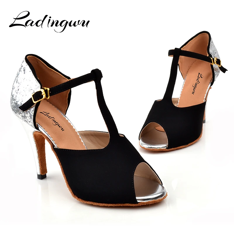 Ladingwu Dance Shoes Latin Women Black Flannel and Silver Glitter Ballroom Salsa Woman sandals for dance Heels 10cm | Спорт и