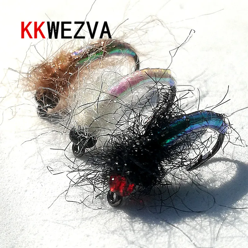 KKWEZVA 20 шт Красочные Яркие Кожаные влажные Nymph Scud муха жучок червь для ловли форели