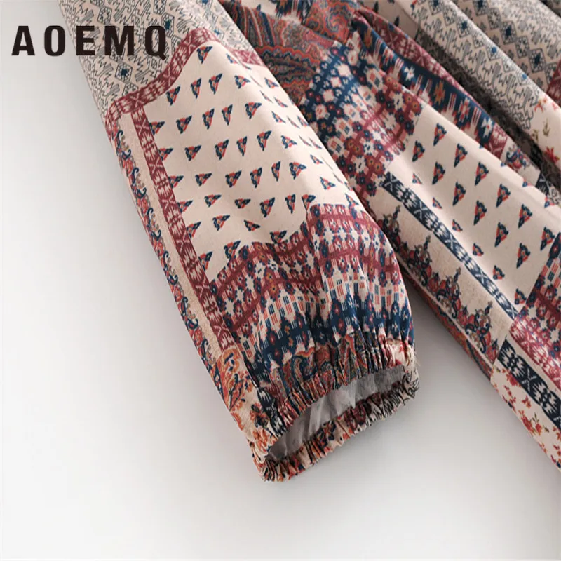 AOEMQ Ранняя весна новый Тонкий ретро шифон контраст Асимметричный принт глубокий v