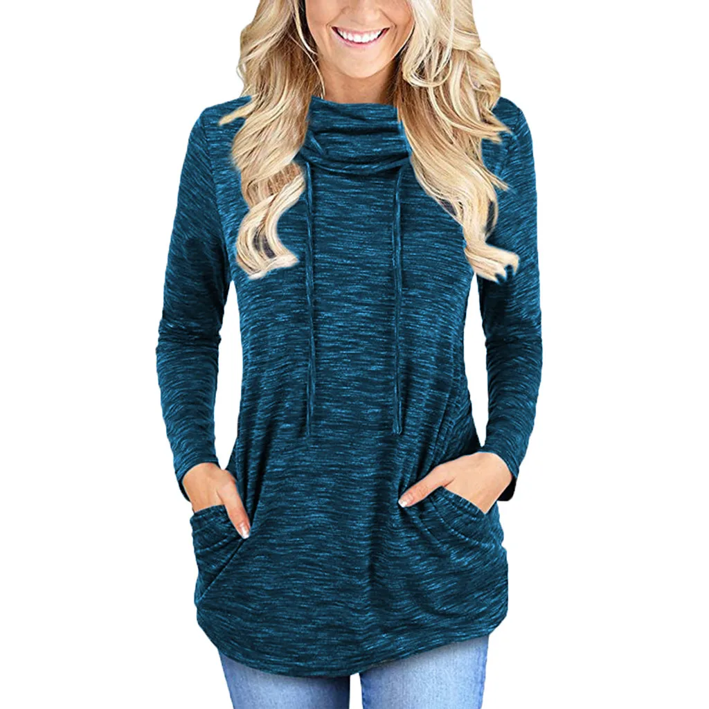 Womens Long Sleeve Cowl Neck Casual Sweatshirt Tops with Pockets harajuku hoodies sweatshirt streetwear sudaderas para mujer #3 | Женская