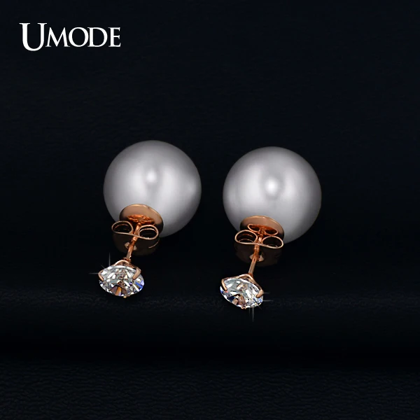 UMODE Двойные серьги гвоздики с позолотой из розового золота 18К и 3-кастовым креплением циркония 0.75 карат JE0253A