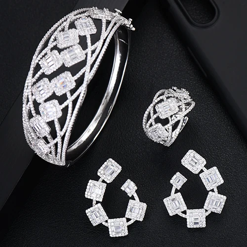Silver GODKI большая роскошь 3 шт серьги браслет кольцо наборы для Для женщин Свадьба кубического циркония кристалл Обручение Дубай Свадебные украшения комплекты - Окраска металла: Silver