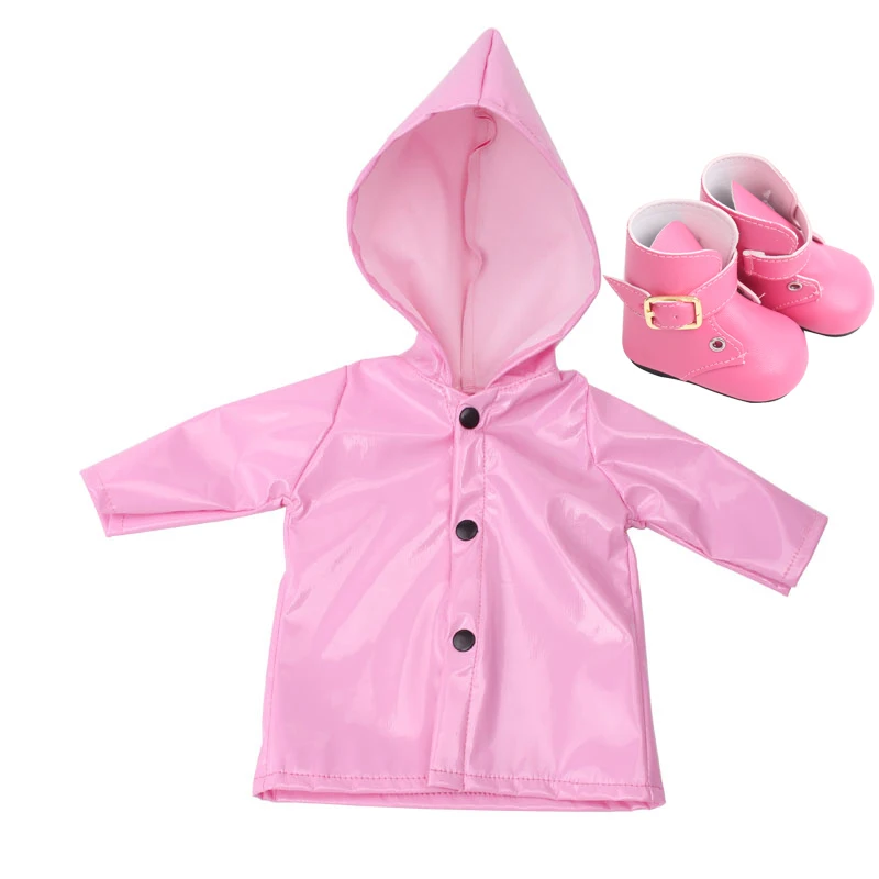 Pink 18 дюймов, с круглым вырезом, для девочек одежда Водонепроницаемый, дождевик, платье с принтом для девочек с обувью Американский новорожденных, детский головной убор, кепка бейсболка игрушки подходит 43 см для ухода за ребенком для мам, детские куклы, c271 - Цвет: Pink