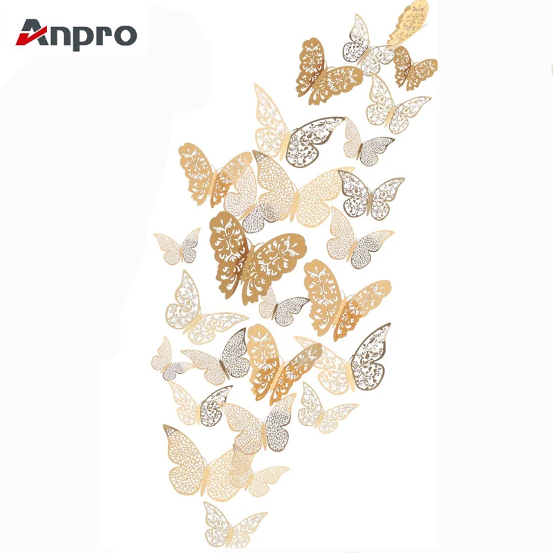 Anpro 12 шт. 3D полые золотые бабочки наклейки на стену DIY наклейки на холодильник блестящие художественные фрески для стен или вечерние украшения