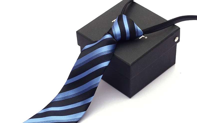 Blue Black Striped Черный галстук с молнией для мужчин, легко тянется, 7 см, мужской галстук,, модный, синий, зеленый, в полоску, галстук для шеи, вечерние, свадебные, с Gfit коробкой - Цвет: Blue Black Striped