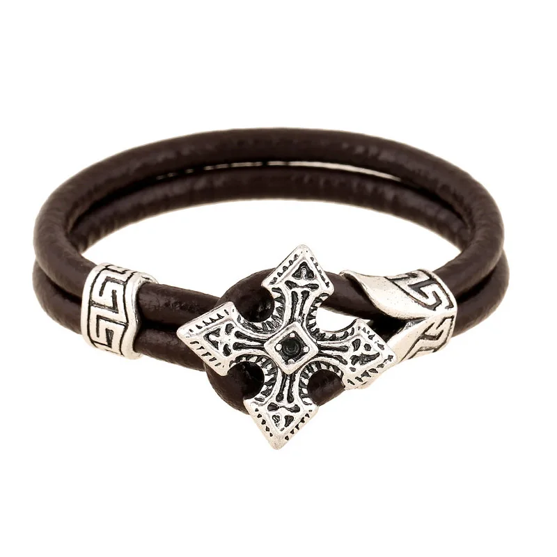 Vintage Мужские Двойные Кожаные Браслеты Готический Крест Манжеты Браслет