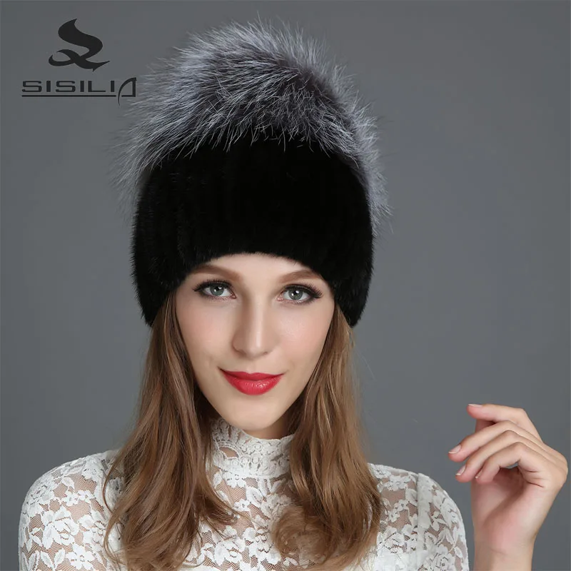 Sisilia Новинка года новые зимние модные Для женщин Шапки с лисой Мех животных шляпа Пипидастр зима Шапки Теплые трикотажные хлопковые шапочки Женские шапки - Цвет: Черный