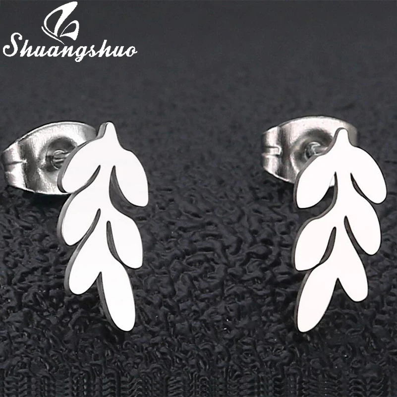 Shuangshuo Tiny New Vintage Leaves Stainless Steel Earrings for Women Beautiful Tree Leaf Stud Feather Studs | Украшения и