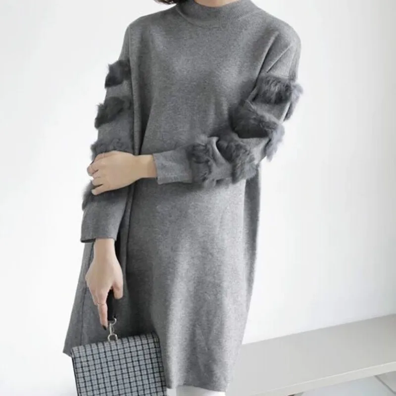 

Chic Women's O-Neck Long Pullover Dress Loose Slim Faux Rabbit Fur Splice Sweater Imitation Fur Striped Long Sleeved Tops