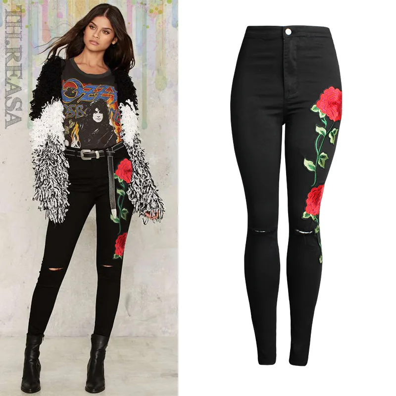 

KL858 High waist pencil pants summer three-dimensional embroidery denim jeans woman black hole trousers