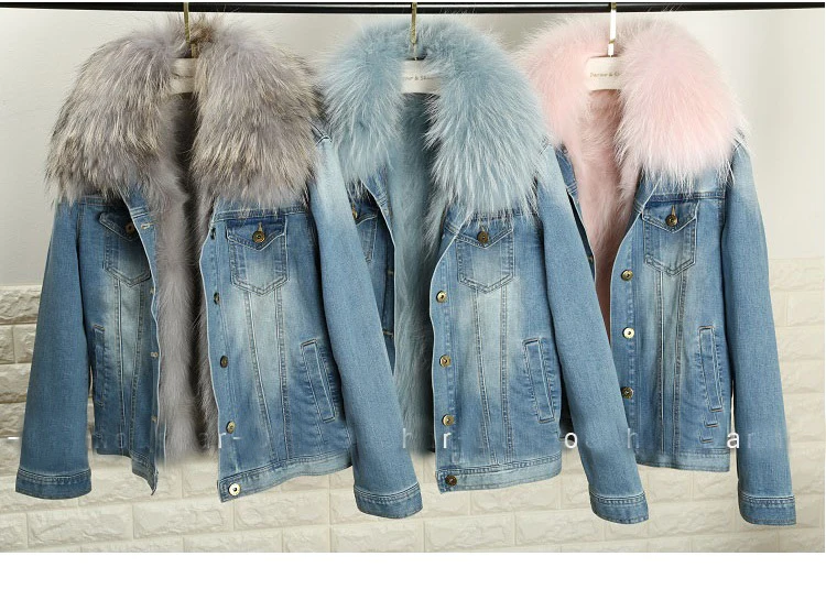 2016 Для женщин утолщаются натуральный мех енота Мех животных Lined Denim Джинсы с