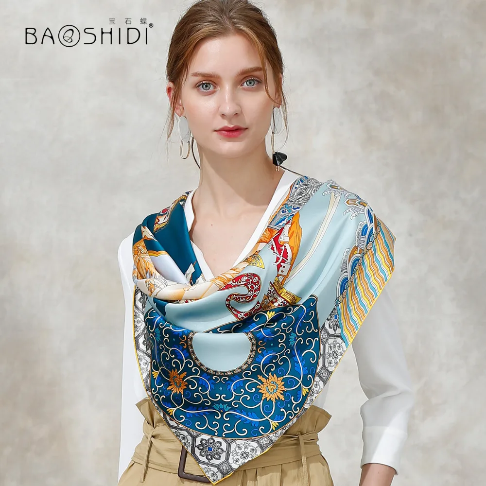 Женский атласный шарф BAOSHIDI платок из 100% шелка на 16 момме квадратный 106*106 осень 2017|