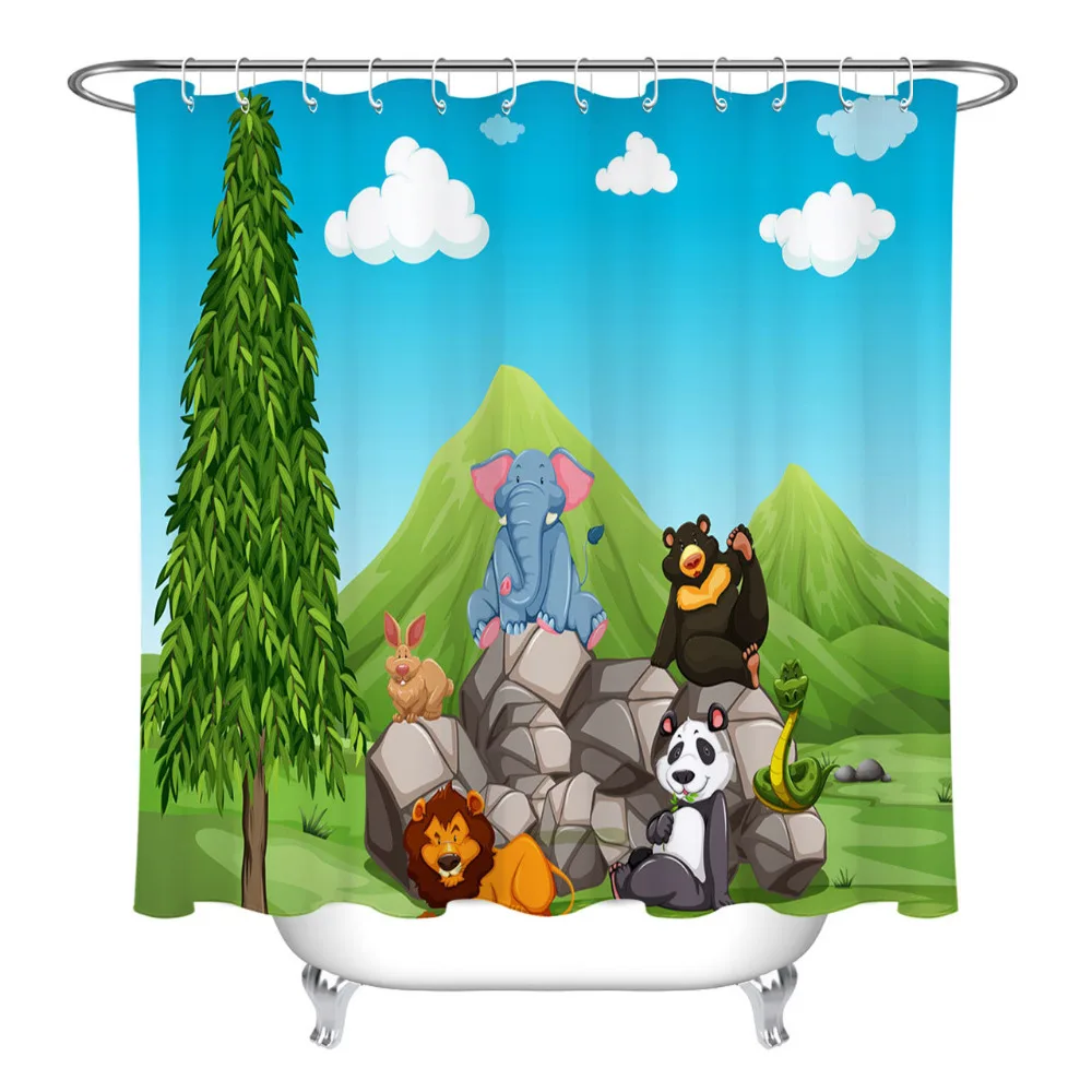 LB Cute Panda Lion Elephant Rabbit Black Bear Bathroom Waterproof Fabric Shower Curtain Polyester 12 Hooks Bath Accessory Sets | Дом и сад